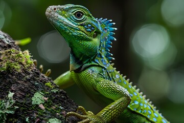 Fototapeta premium Green Water Dragon on Tree Branch, Close Up Reptile Portrait, Chinese Water Dragon