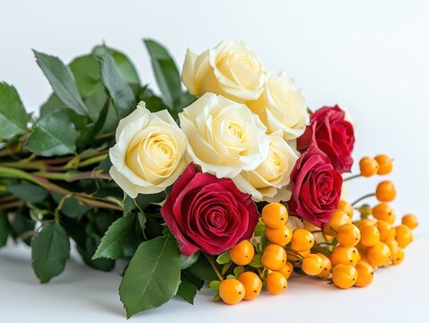 Beautiful arrangement of red and white roses combined with bright yellow berries on a soft white background for artistic floral display