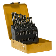 A set of metal drills in a metal case