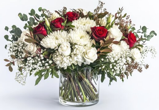 Beautiful Arrangement of Red Roses and White Chrysanthemums in a Clear Glass Vase with Greenery on a White Background