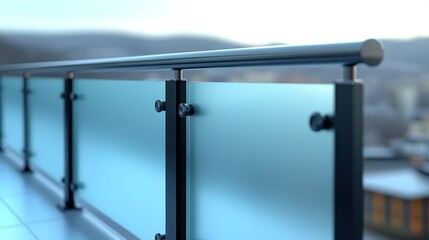 Frosted glass balcony railing with metal posts and hardware, blurred background