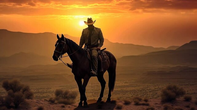 Cowboy auf seinem Pferd reitet in den Sonnenuntergang