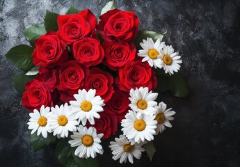 Fototapeta premium Beautiful arrangement of red roses and white daisies on a dark textured background showcasing natural elegance and freshness for various design projects