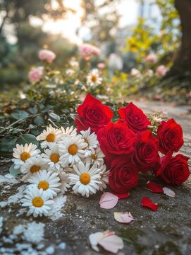 Beautiful arrangement of red roses and white daisies on a garden path with soft sunlight and blurred flowers in the background