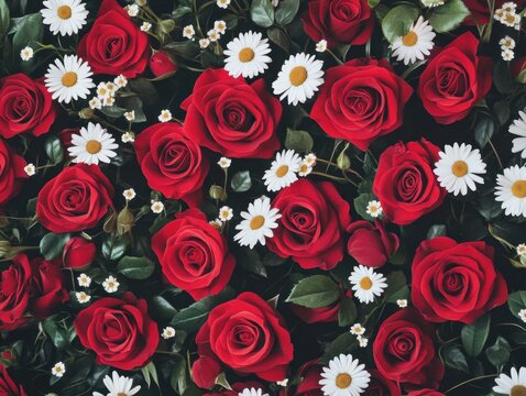 Beautiful Arrangement of Red Roses and White Daisies on Dark Background Perfect for Celebrations, Weddings, and Romantic Occasions in Floral Art Composition