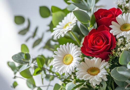 Beautiful arrangement of red roses and white daisies with lush green foliage creating a vibrant and fresh floral display in natural light