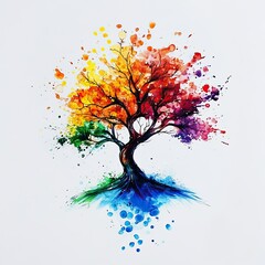Colorful tattoo design of a tree with splashes of paint, on a white background