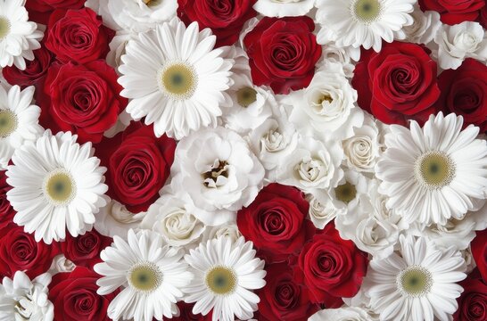 Beautiful arrangement of red roses, white daisies, and delicate flower petals creating a vibrant floral background suitable for various themes and occasions