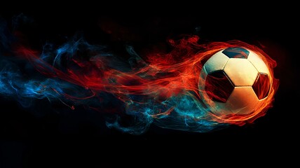 Naklejka premium soccer ball with red and blue flames on a black background