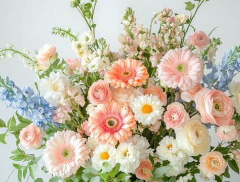 Beautiful arrangement of soft pastel flowers featuring gerbera daisies, ranunculus, snapdragons, and delicate greenery on a light background