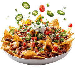 Loaded Chili Cheese Nachos Platter with Jalapenos Isolated on Transparent Background