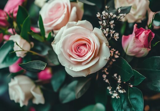 Beautiful Arrangement of Soft Pink and Cream Roses with Delicate Green Leaves and Tiny White Flowers in a Softly Lit Environment