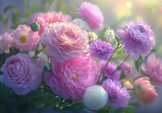 Beautiful Arrangement of Soft Pink and Purple Flowers in Gentle Natural Light with Delicate Textures and Elegant Petals for Floral Enthusiasts