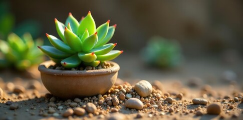 Fototapeta premium Succulent foliage emerging from a shallow pot, plant, desert