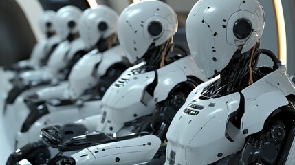 Fototapeta premium A row of futuristic humanoid robots seated in a sleek, modern environment, showcasing advanced technology with glowing accents and intricate designs, hinting at a sci-fi narrative