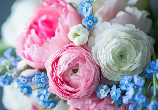 Beautiful arrangement of soft pink and white blooms with delicate blue accents, showcasing spring blossoms in a vibrant, fresh composition