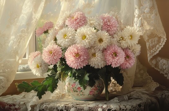 Beautiful Arrangement of Soft Pink and White Chrysanthemums in Vintage Vase with Delicate Lace Drapes by Sunlit Window