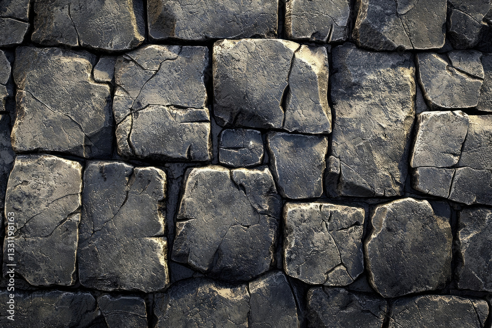 Poster a seamless texture of dark, irregular stone blocks forming a rustic wall.