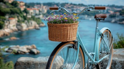 Fototapeta premium Bicycle with a wicker basket full of flowers near a scenic coastal view on a sunny day