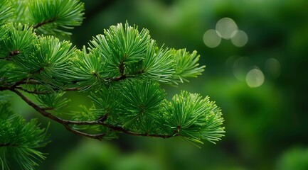 Fototapeta premium Lush Pine Branch: A close-up of a vibrant pine branch, showcasing the intricate texture and refreshing green needles against a soft, blurred background.