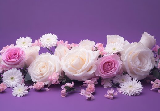 Beautiful Arrangement of Soft Pink and White Roses with Delicate Flowers on a Purple Background for Romantic and Elegant Themes