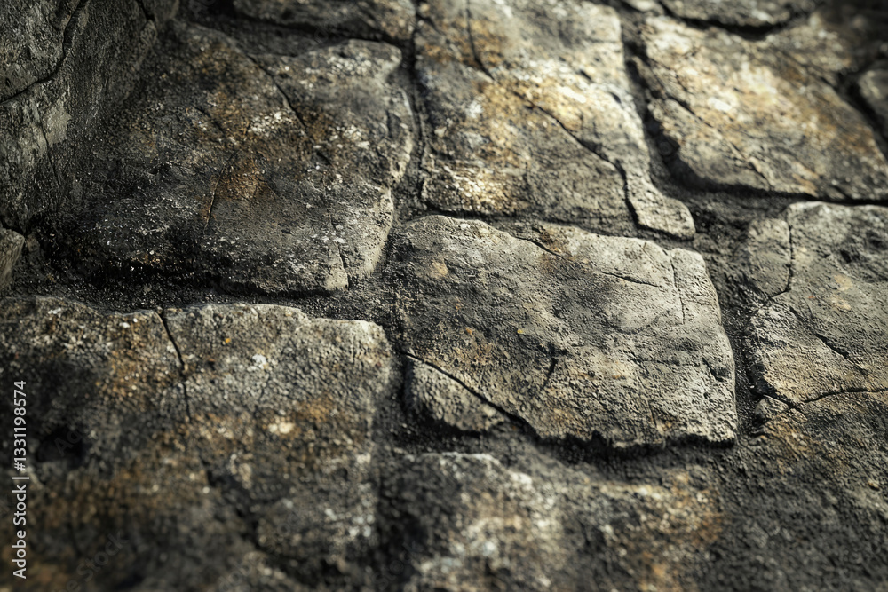 Poster close-up view of a weathered stone wall, showcasing its textured surface and aged appearance.