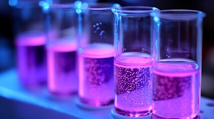 Purple liquid in lab beakers.