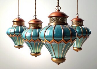 Obraz premium Vibrant teal and gold decorative lanterns with intricate design and classic metalwork, hanging elegantly with a soft glow