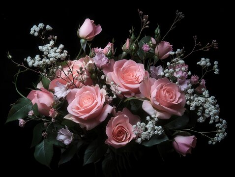 Beautiful arrangement of soft pink roses and delicate flowers with dark background for elegant floral decoration or artistic photography.