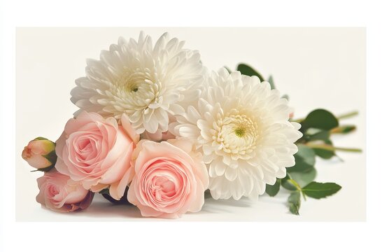 Beautiful arrangement of soft pink roses and white chrysanthemums with green leaves against a light background ideal for celebrations and events