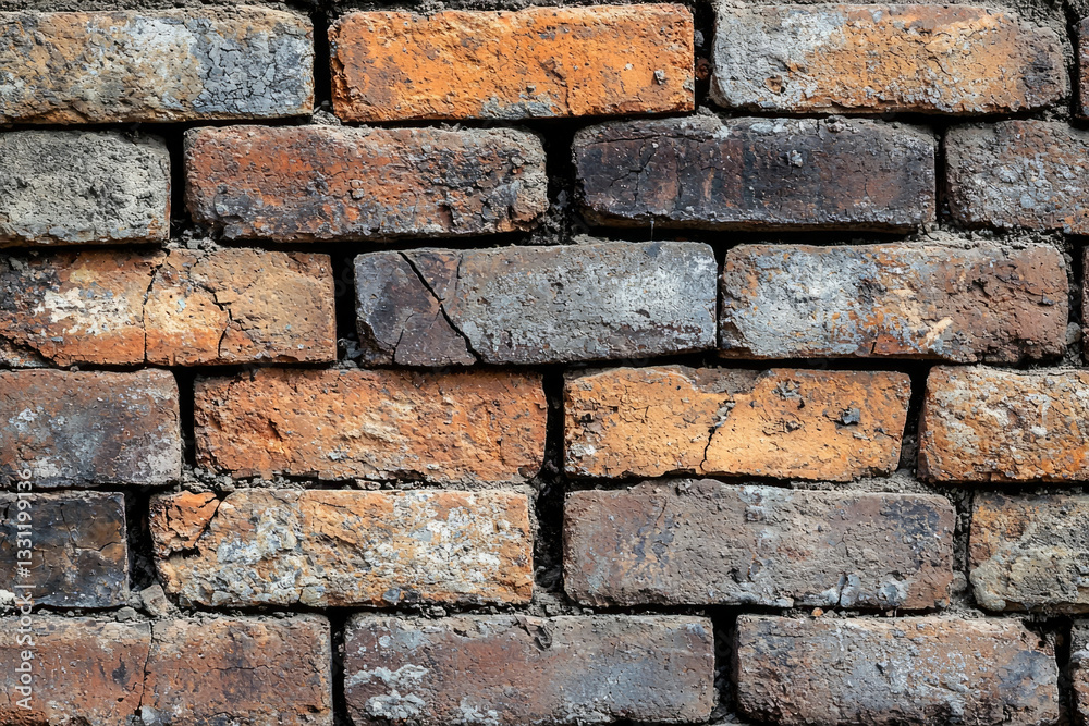 Poster a weathered brick wall, showing age and texture with varying colors and cracks.