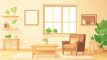 Cozy living room interior with plants and warm tones