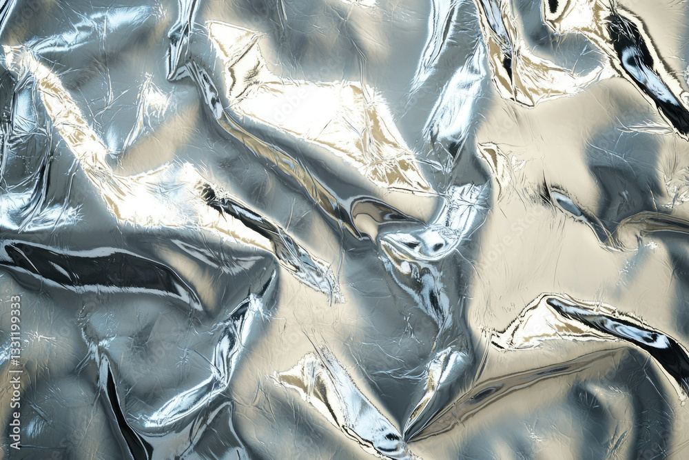 Poster abstract image of crumpled metallic silver foil, reflecting light and creating a textured surface.