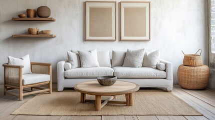 Neutral living room with linen sofa, wood furniture, and woven decor
