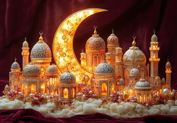 Obraz premium Glowing Miniature Mosques with Crescent Moon on Burgundy Background