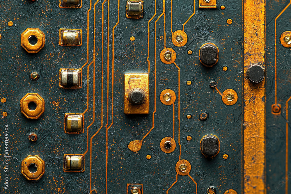 Aufkleber close-up of a weathered circuit board, showcasing intricate gold traces and electronic components.