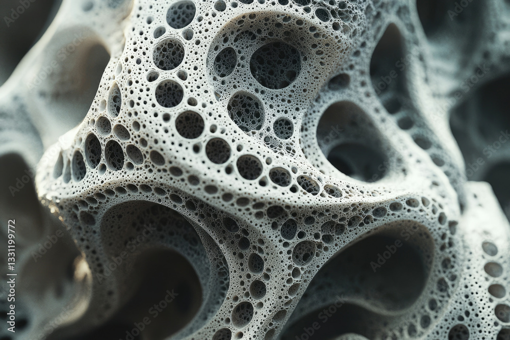 Poster abstract 3d render of a porous, cavernous structure resembling a sponge or coral.