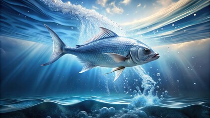 Naklejka premium A Majestic Fish Leaps Through Sparkling Ocean Water, Sunbeams Illuminating Its Scales