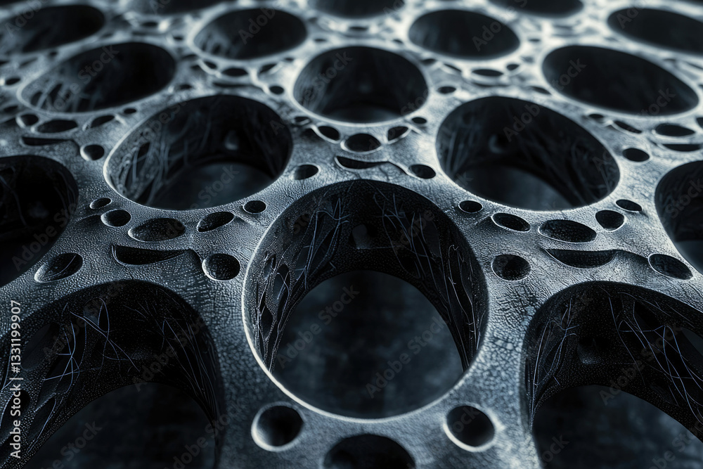 Poster Intricate metallic lattice structure with repeating circular voids, resembling a complex network or biomimetic design.