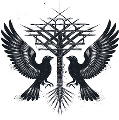 Black grunge raven silhouettes with ink splashes, featuring Norse Viking Vegvisir rune.