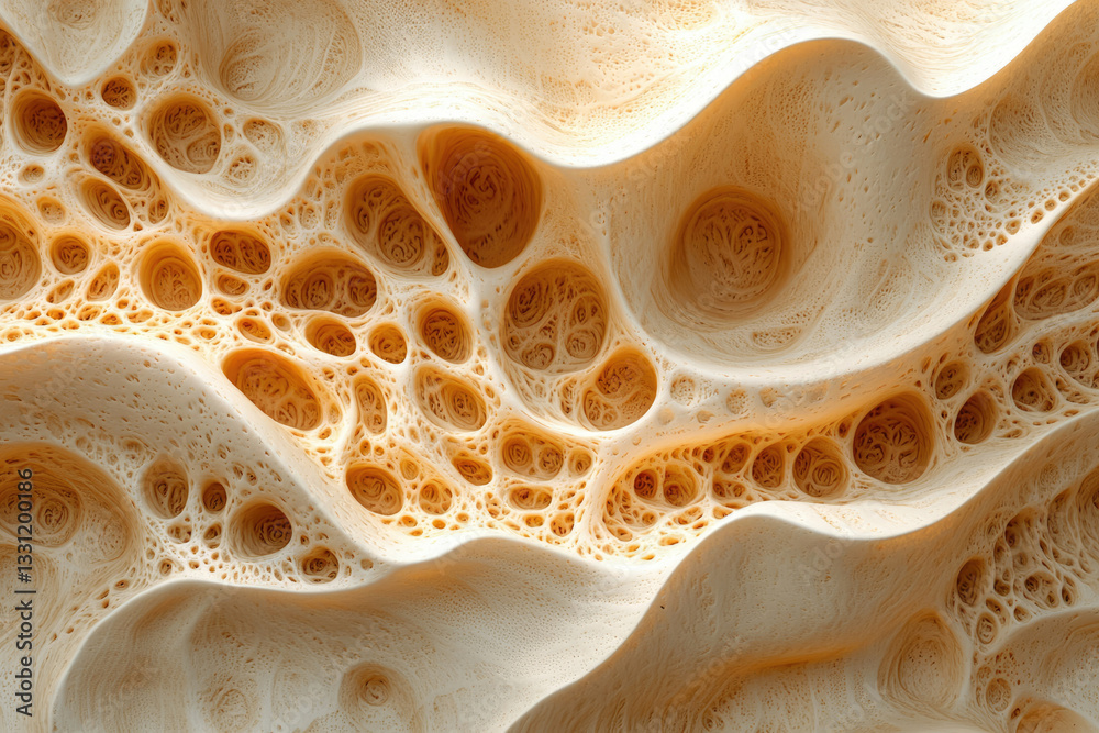 Poster abstract 3d render of a porous, cavernous, undulating surface resembling beige foam or sponge.