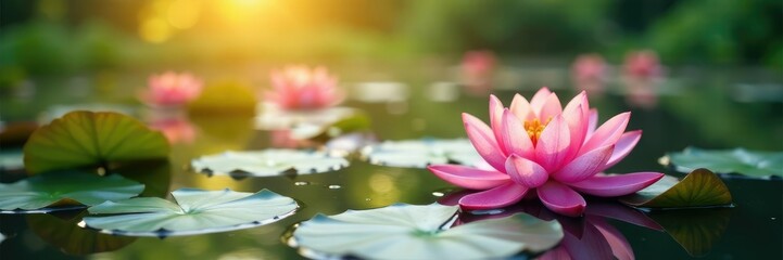 Obraz premium Water lilies and lotus flowers in the morning light, peaceful,, nature