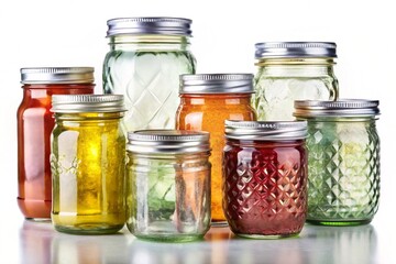Vintage mason jars with metallic lids placed on a white backdrop, ideal for food preservation, DIY projects, or stylish home storage