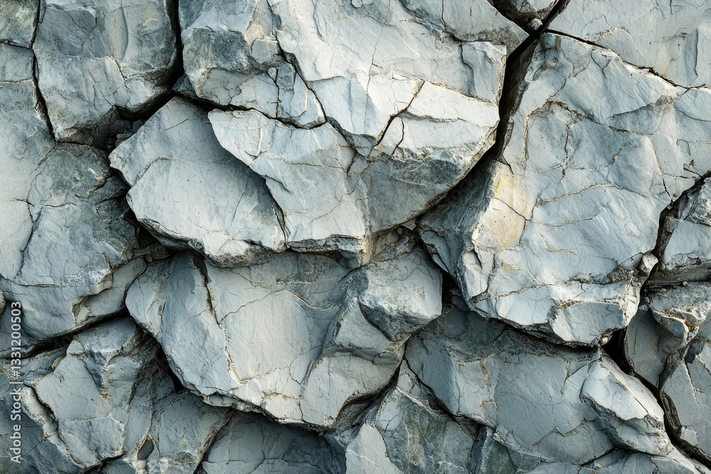 Poster close-up view of a rugged, fractured rock surface, showing intricate cracks and weathered texture.