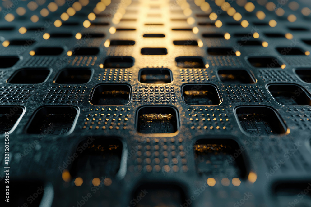 Poster Abstract metallic grid with square openings, illuminated from below, showcasing a futuristic or technological design.