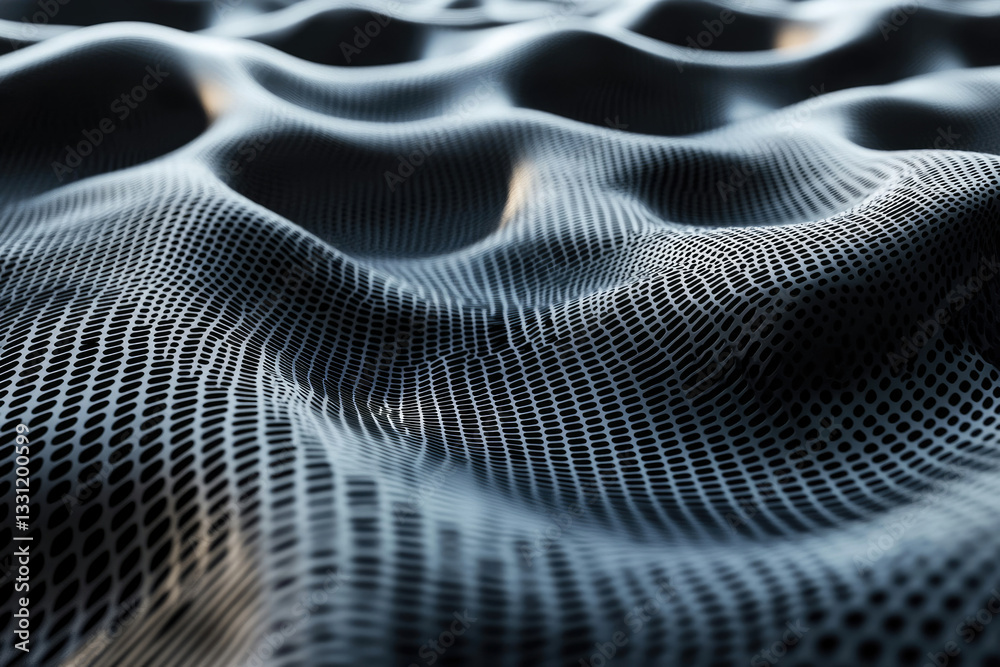 Poster abstract 3d rendering of a dark gray undulating mesh, resembling a digital landscape or fabric.