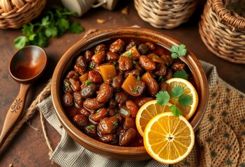 Rustic wooden bowl with Feijoada, farofa, and fresh herbs