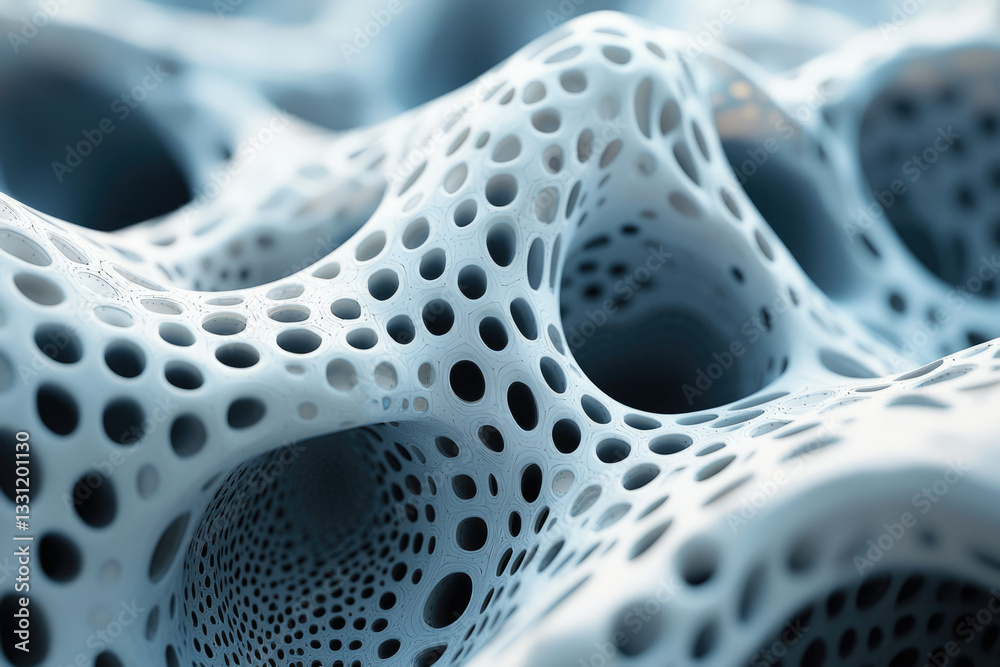 Poster abstract 3d render of a porous, interconnected, organic structure with a cool-toned color palette.