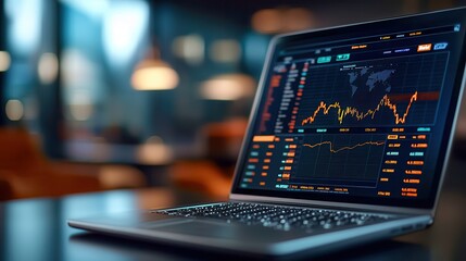 Economic uncertainty policy impacts. Laptop displaying financial data in a modern workspace.