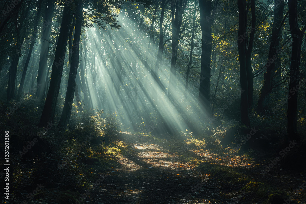 Poster Sunbeams pierce a misty forest, illuminating a path through tall trees and lush undergrowth.